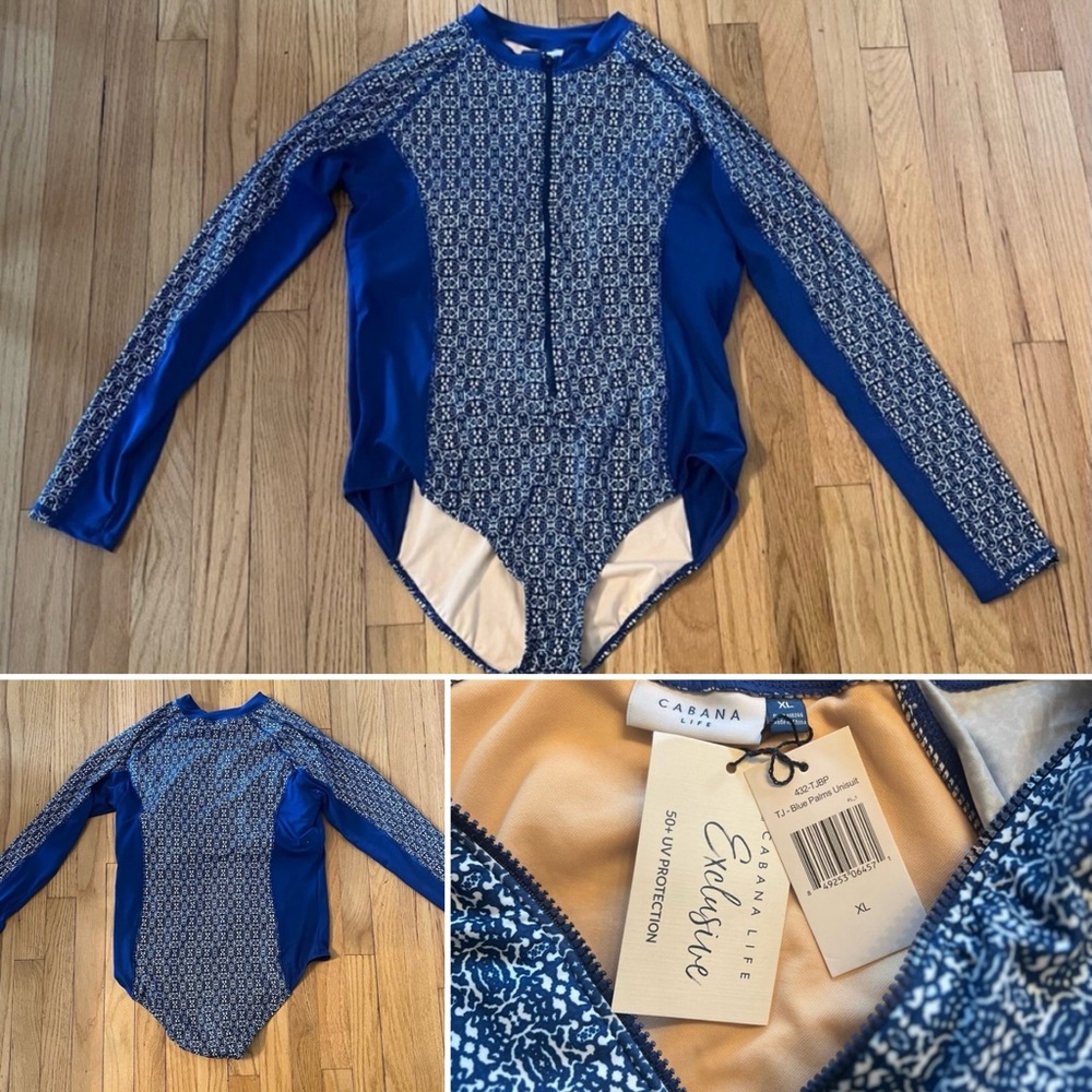 Cabana Life Navy Patterned Long Sleeve Swimsuit Sz XL